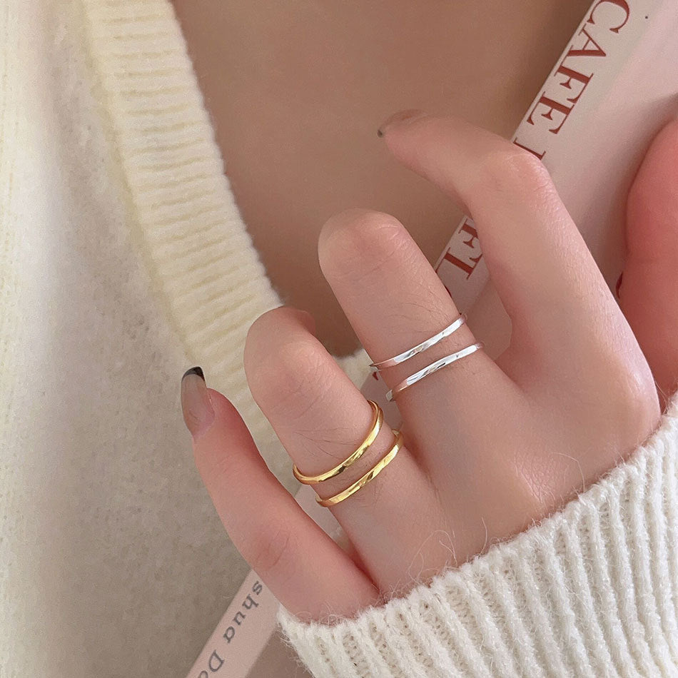 Minimalist Heart-Shaped 925 Sterling Silver Double-Layer Ring with Beveled Square Grain Detail for Women