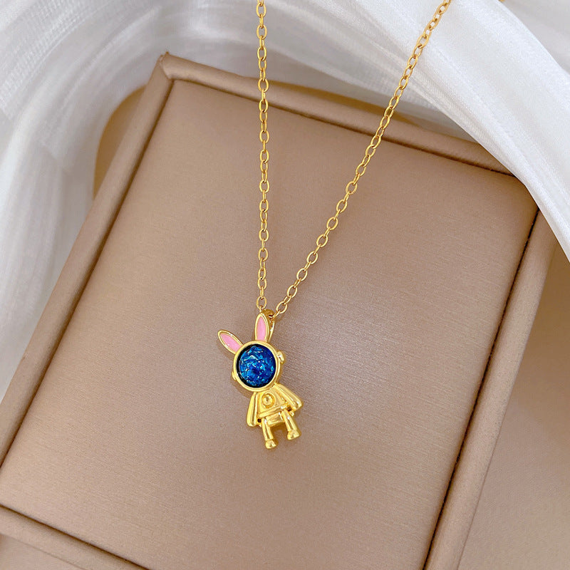 Sweet Cartoon Geometric Moon Astronaut Rabbit Rhinestone Pendant Titanium Steel Necklace for Unisex