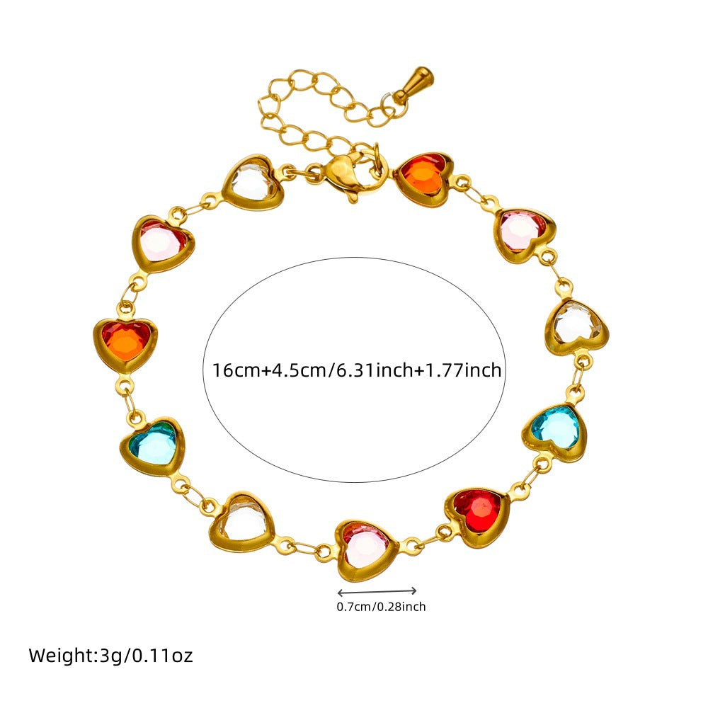 Minimalist Faceted Colorful Glass Rhinestone Heart Charm Stainless Steel Bracelet for Women