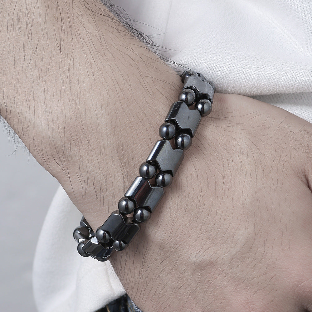 Vintage Handmade Geometric Round Hematite Bracelet with Turquoise Inlay for Unisex