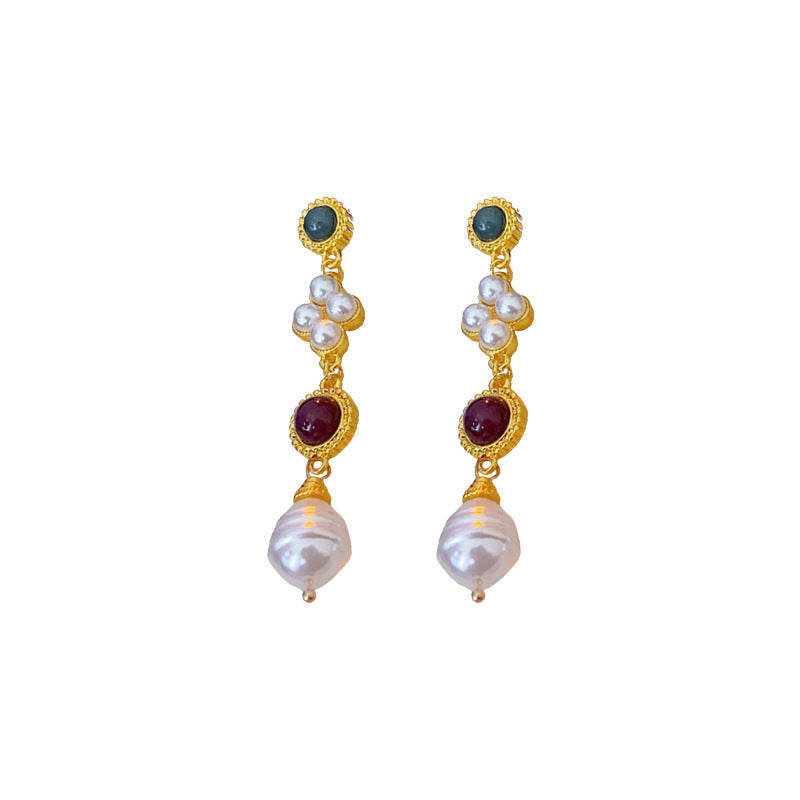 Vintage Style Geometric Pendant Necklace and Tassel Earrings Set with Imitation Pearl Accents and Gold-Plated Alloy Components for Women