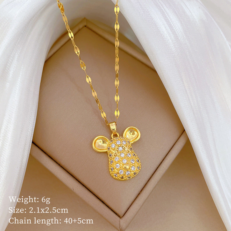 Collar con Colgante Minimalista Geométrico de Cabeza de Ratón de Acero Titanio con Incrustaciones Completas de Diamantes de Imitación para Mujeres y Hombres