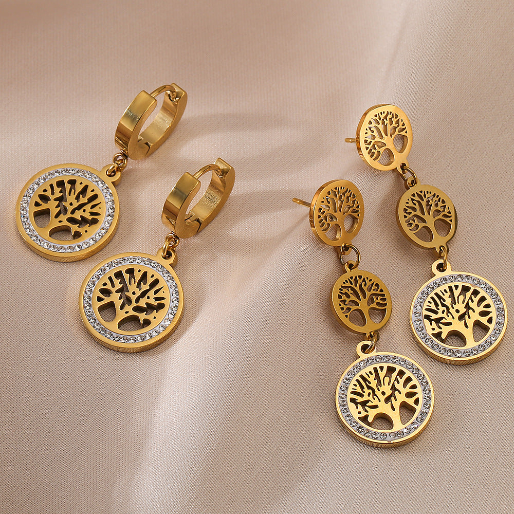 Minimalist Geometric Titanium Steel Earrings for Women with Rhinestone Tree Inlay and Plated Finish