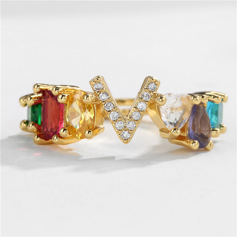 Hand-Set Cubic Zirconia Letter Open Ring Gold Plated Brass Adjustable Women