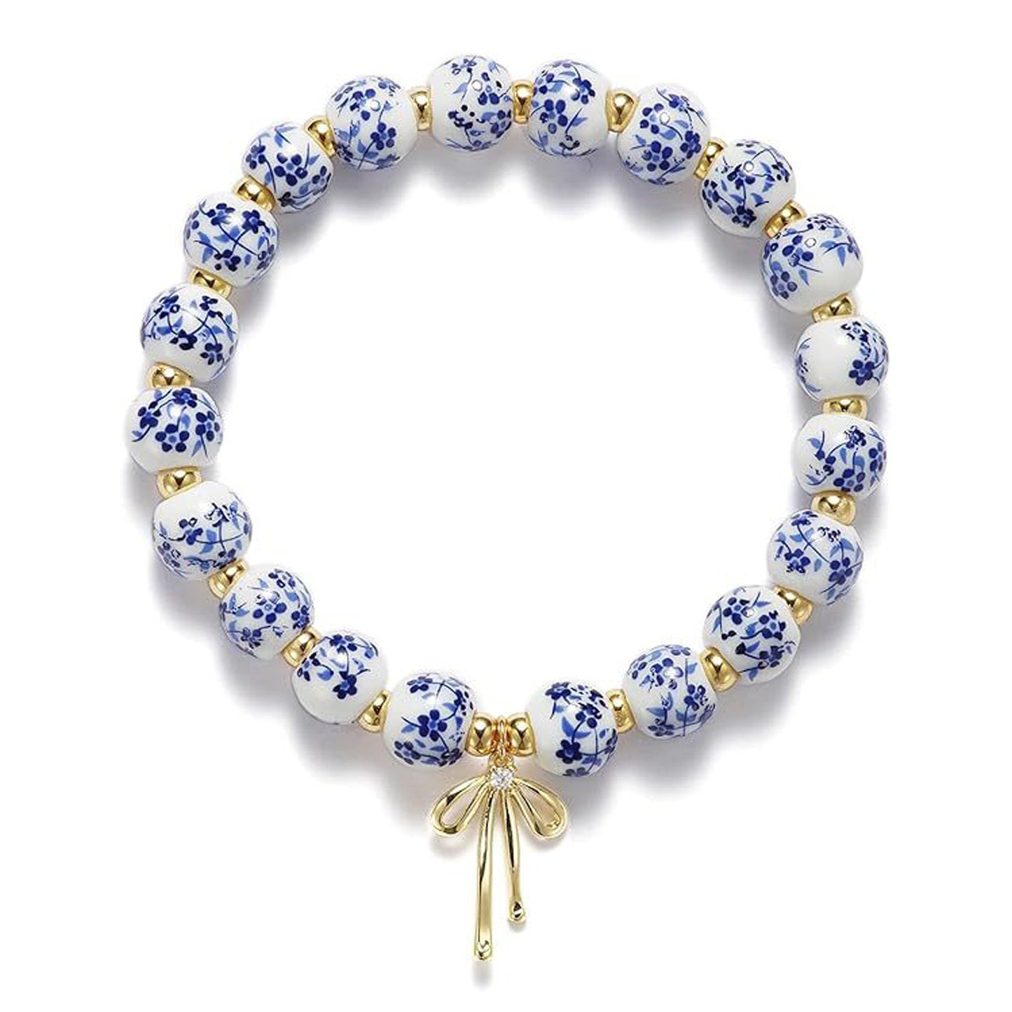 Minimalist Floral Ceramic Bow Rhinestone Beaded Elastic Bracelet for Women