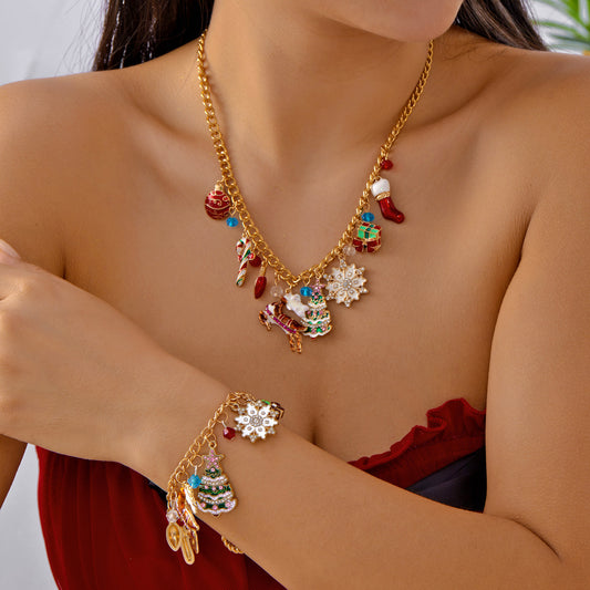 Collar y pulsera con motivos navideños para mujer, con colgantes de copo de nieve, alce y Papá Noel, de aleación con galvanoplastia en cadena tipo O