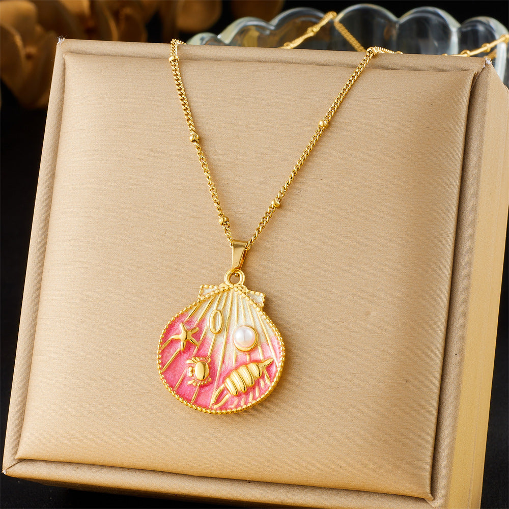 Collana con ciondolo a conchiglia minimalista dolce, animale marino in acciaio inossidabile con finitura smaltata sfumata