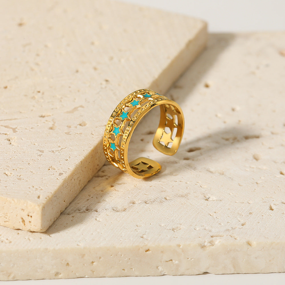 INS Style Geometric Star-Shaped Enamel and 18K Gold-Plated Stainless Steel Women's Adjustable Ring