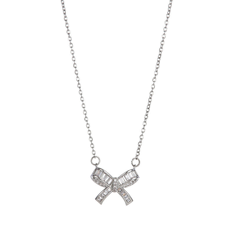 Minimalist Bow-Shaped Titanium Steel Plated Clavicle Necklace with Micro-Pave Zirconia for Women and Men