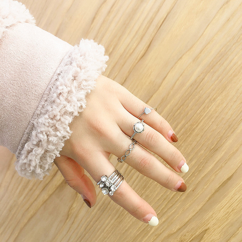 Set di Anelli da Donna Minimalisti in Lega Geometrica in Stile Francese con Strass e Perle