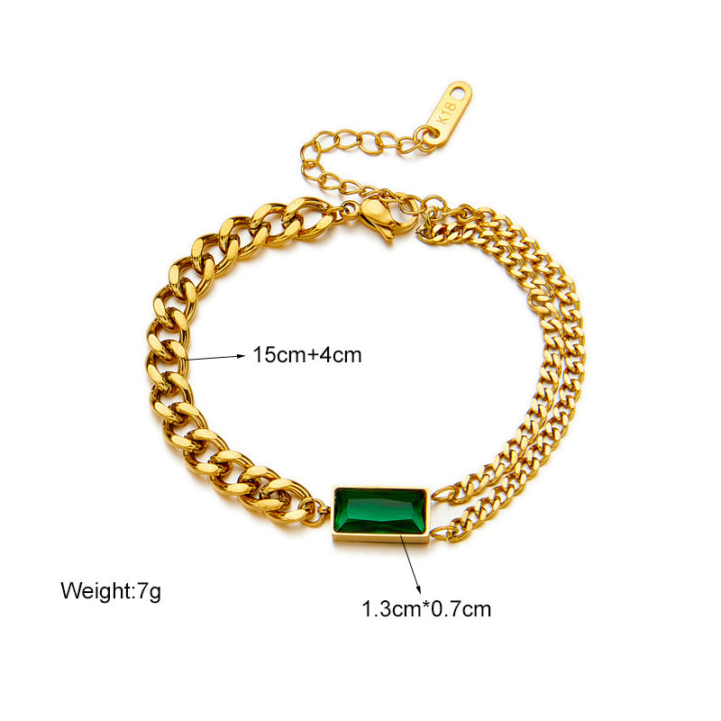Vintage Asymmetrical Square Link Titanium Steel Bracelet with Green Rhinestone Accents for Women