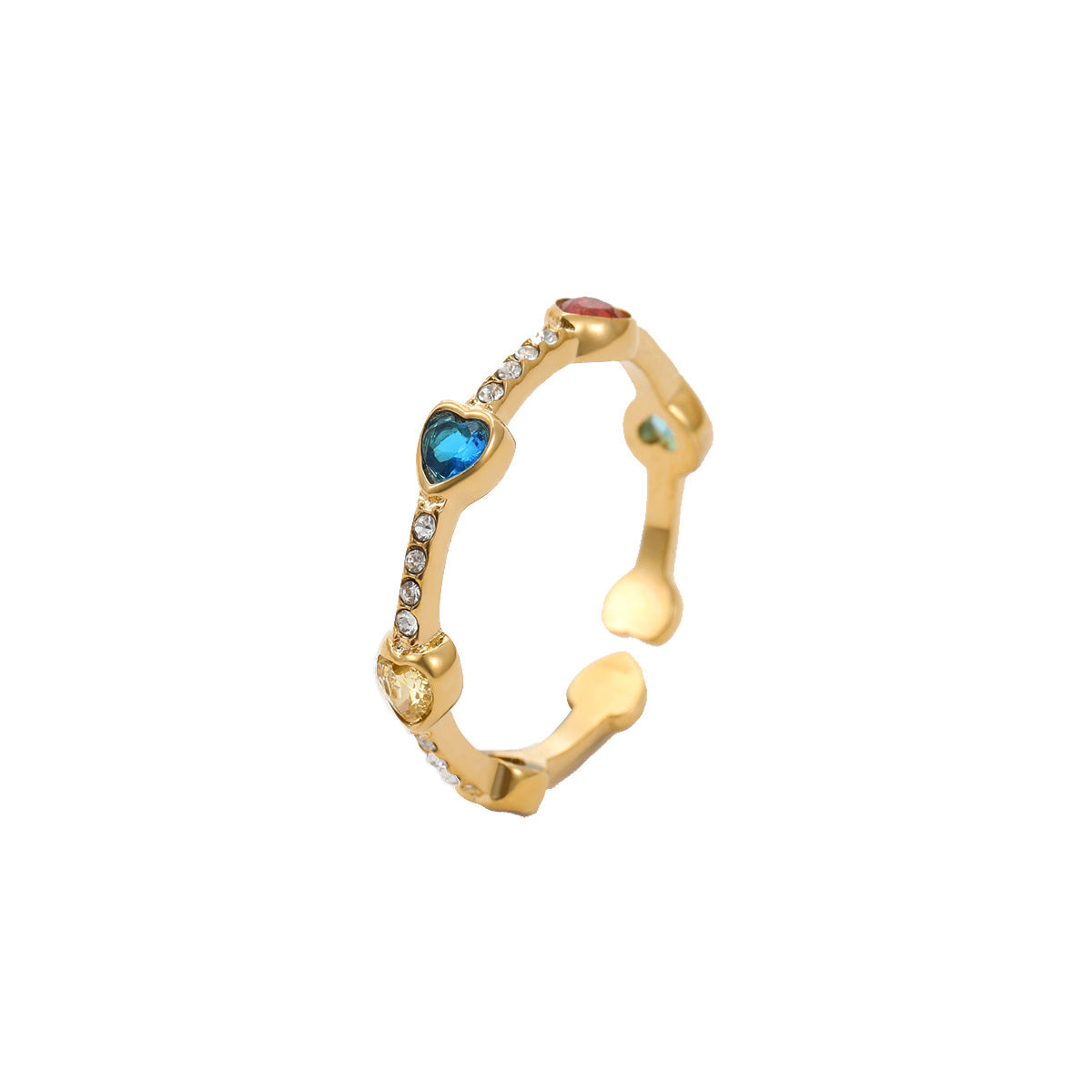 Anillo abierto de acero inoxidable con forma de corazón, zirconias de colores incrustadas, estilo lujo ligero, para mujer