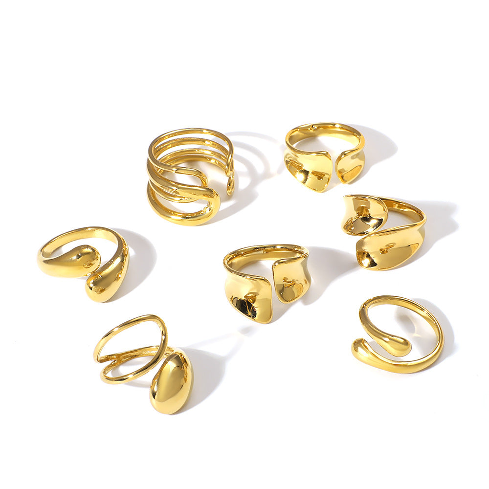 Geometric Teardrop-Shaped Stainless Steel Ring with Polished Finish and 18K Vacuum Plating for Women