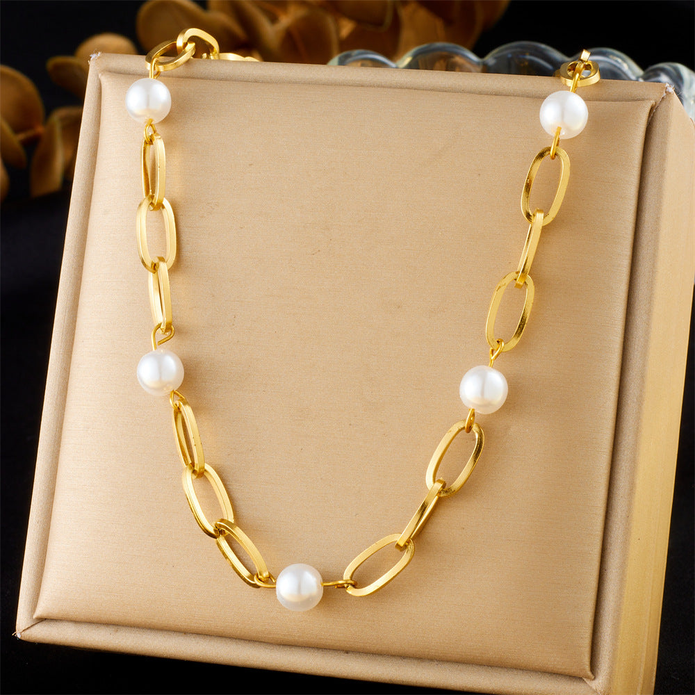Fashion Gold Plated Stainless Steel Curb Chain Necklace with Pearl Accent for Women