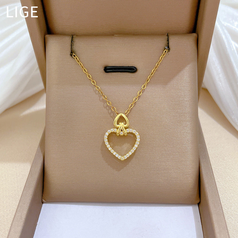 Sweet Heart Geometric Rhinestone Titanium Steel Necklace for Unisex