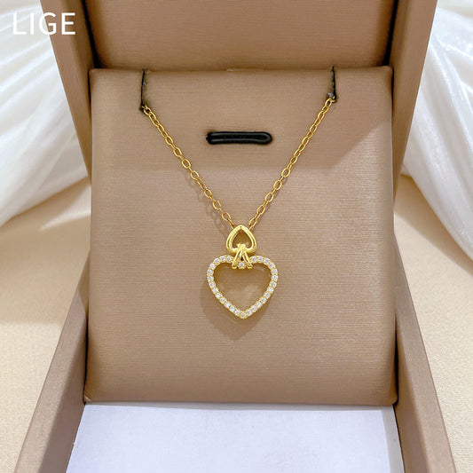 Sweet Heart Geometric Rhinestone Titanium Steel Necklace for Unisex