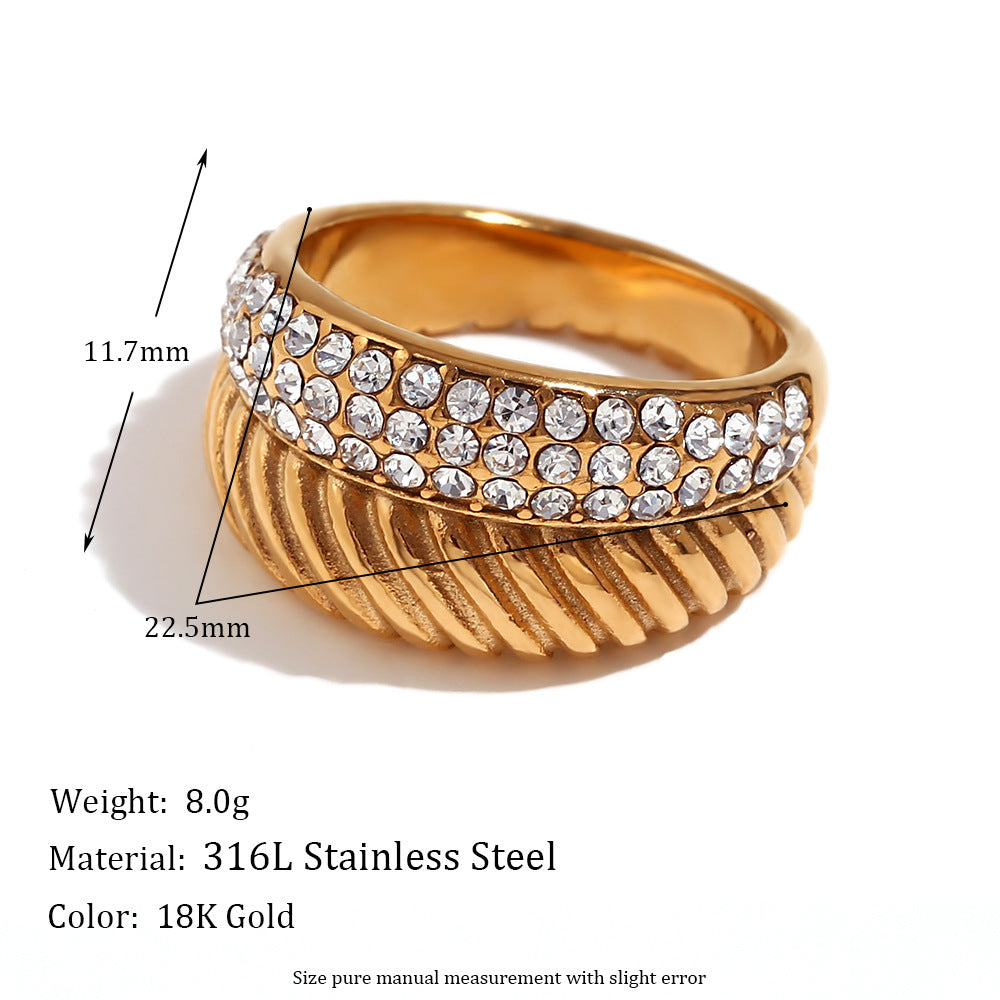 Minimalist Geometric Stainless Steel Ring with 18K Gold Plating and Micro-Paved Zirconia for Women