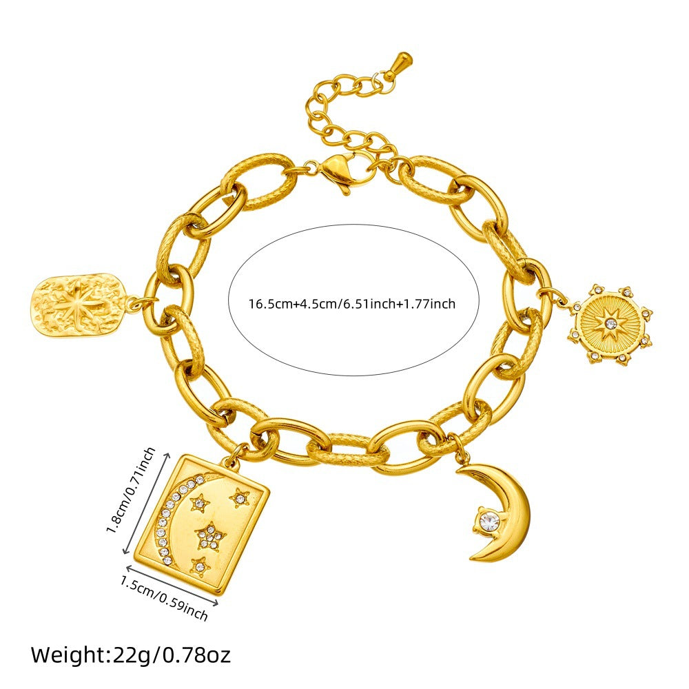 Fashion Geometric Square Pendant Bracelet with Gold Plated Stainless Steel Chain, Star and Moon Motifs, Rhinestone Inlay