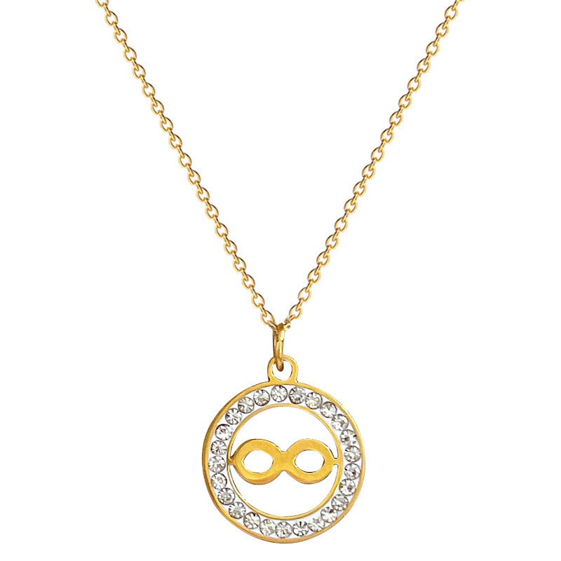 Collana da donna minimalista geometrica in acciaio al titanio placcato oro con ciondolo circolare e a otto.