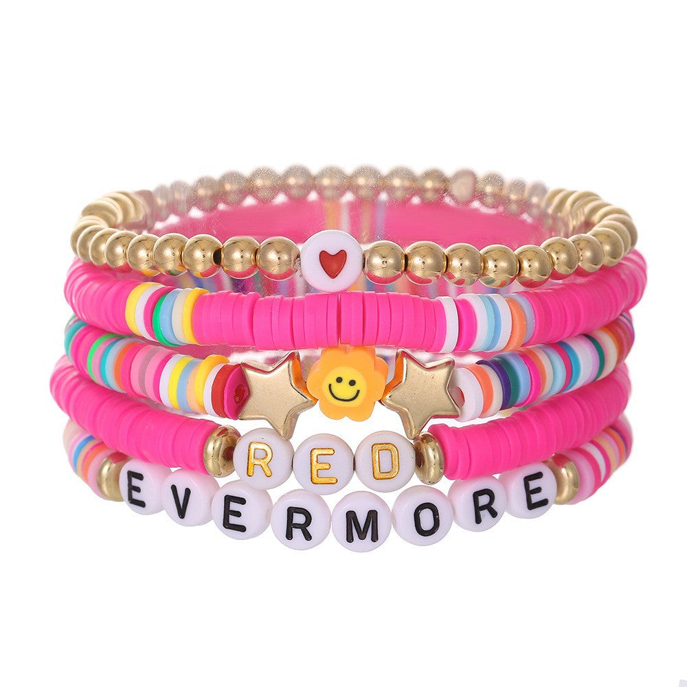 Casual Handmade Polymer Clay and Brass Beaded Bracelet with Letter and Smiley Charms