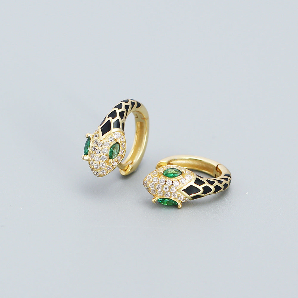 Minimalist Snake-Shaped S925 Sterling Silver Stud Earrings with Rhinestone Inlay and Resin Drip Detail for Women