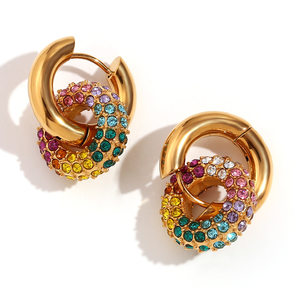 Minimalist Geometric Stainless Steel Earrings with 18K Gold Plating and Micro-Paved Colored Zirconia Hoops for Women