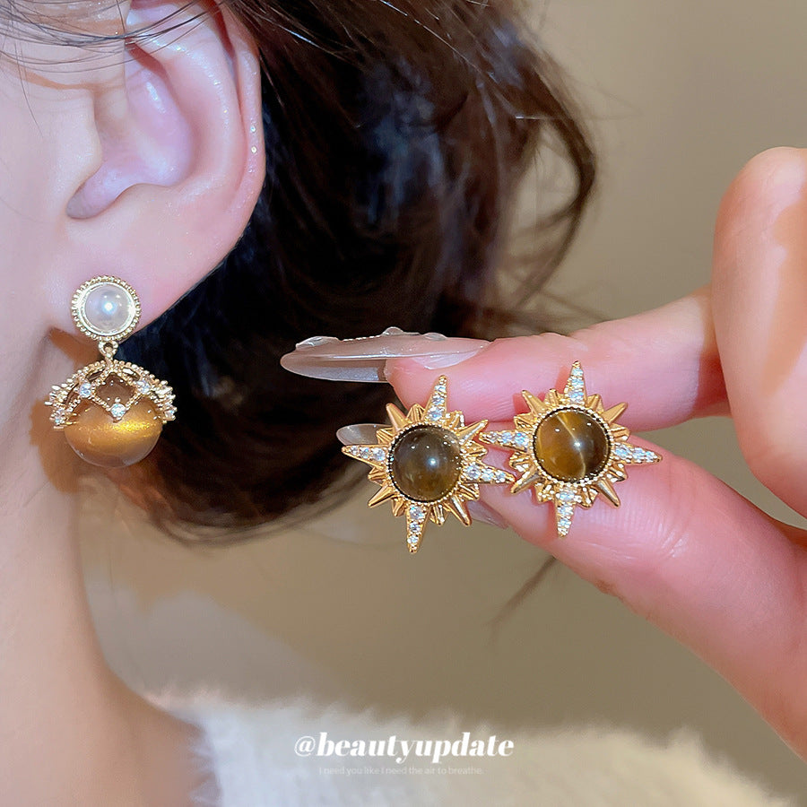 Orecchini a perno con occhio di tigre geometrico in stile vintage e perle con perni in argento sterling 925 placcato oro 18K