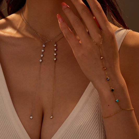 Fashionable OL Style Geometric Stainless Steel Y-Necklace with Colorful Zircon Inlay for Women