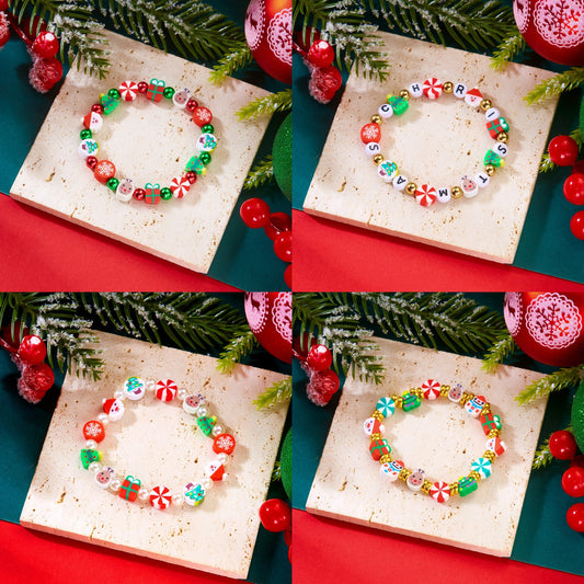 Pulsera de arcilla polimérica con temática navideña, con Papá Noel, muñeco de nieve y elementos festivos, para moda unisex