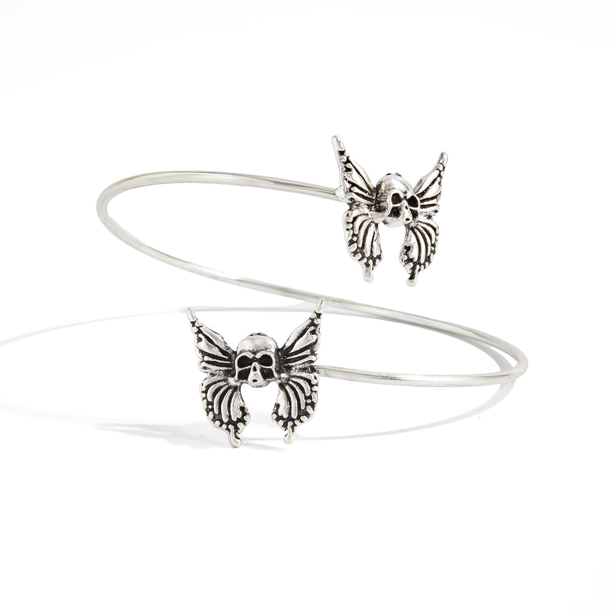 Gothic Minimalist Cross Heart Zinc Alloy Plated Open Cuff Bracelet with Bat Element