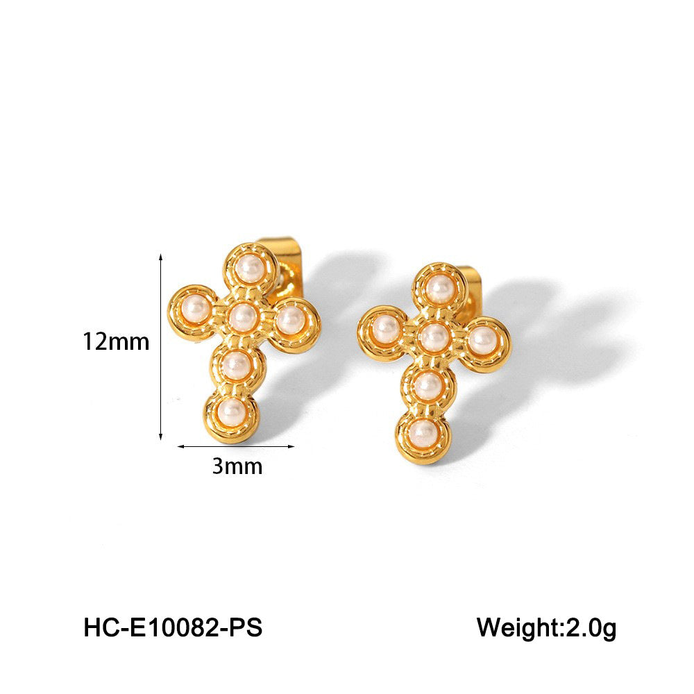 Orecchini a perno da donna minimalisti in acciaio inossidabile a forma di croce con intarsio di perle