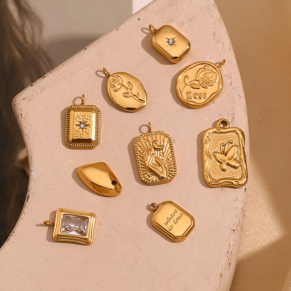 Geometric Fashion Pendant for Women Stainless Steel with 18K Gold Plating Teardrop Rose and Square Brick Design