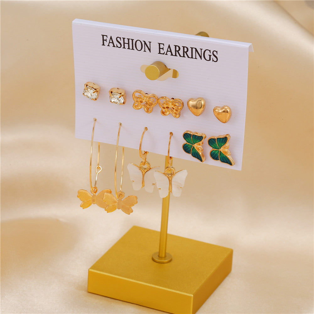 Bohemian Minimalist Butterfly and Heart Acrylic Rhinestone Stud Earrings Set Alloy Plated