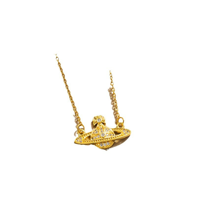 Fashion-Forward Geometric Saturn Pendant Necklace in Titanium Steel with Rhinestone Inlay and Electroplated Finish for Women