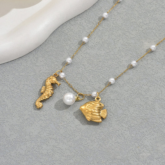 Geometric Seahorse Pendant Necklace for Women in Copper with Pearl Inlay, Ocean-Inspired Fashion Jewelry