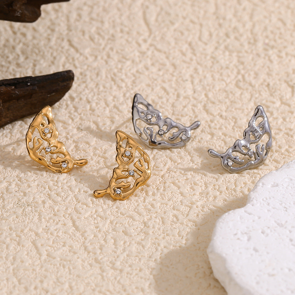 Minimalist Wing-Shaped Stainless Steel Earrings with 18K Gold Plating and Rhinestone Accents