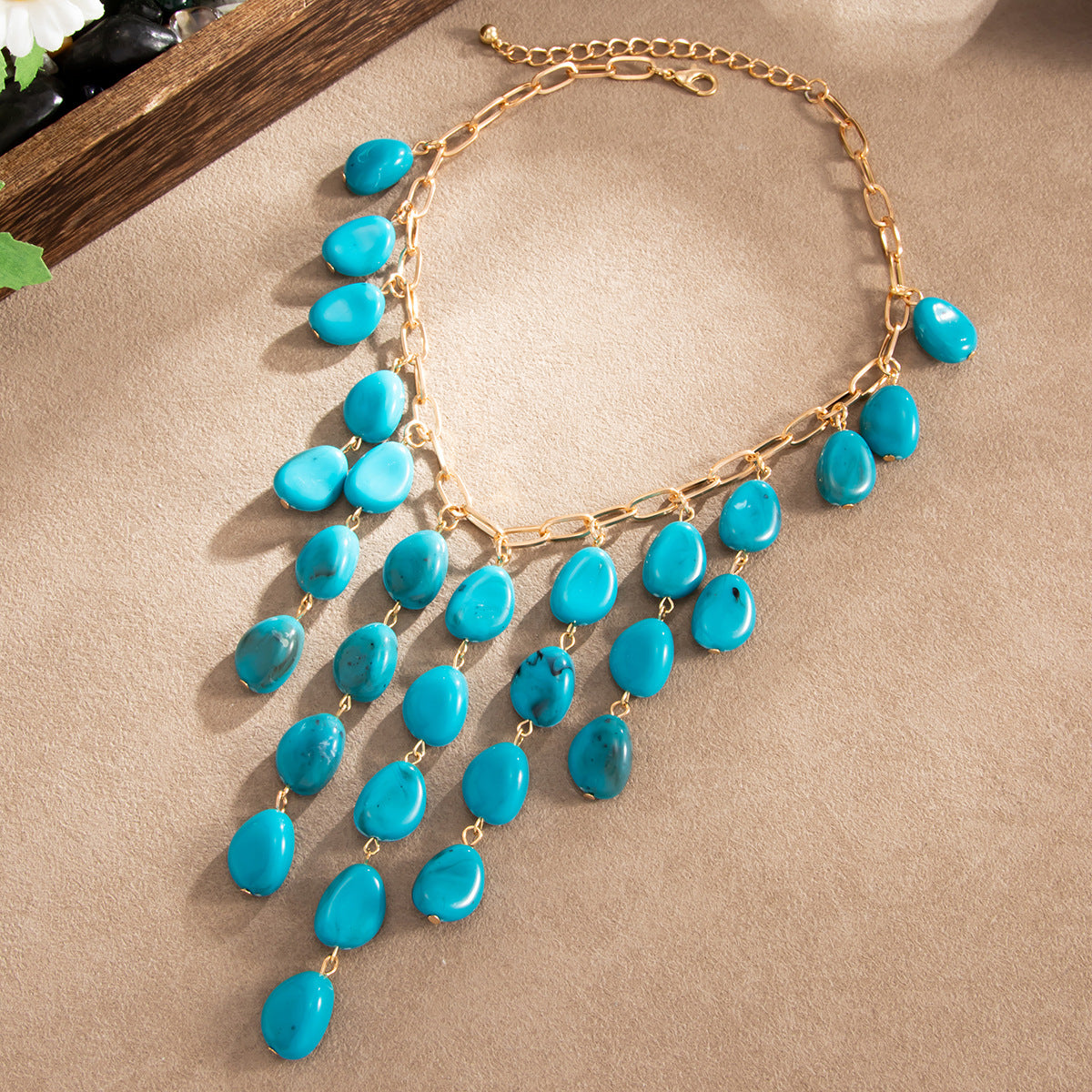 Bohemian Vintage Geometric Oval Resin Pendant Plated Alloy Necklace for Women