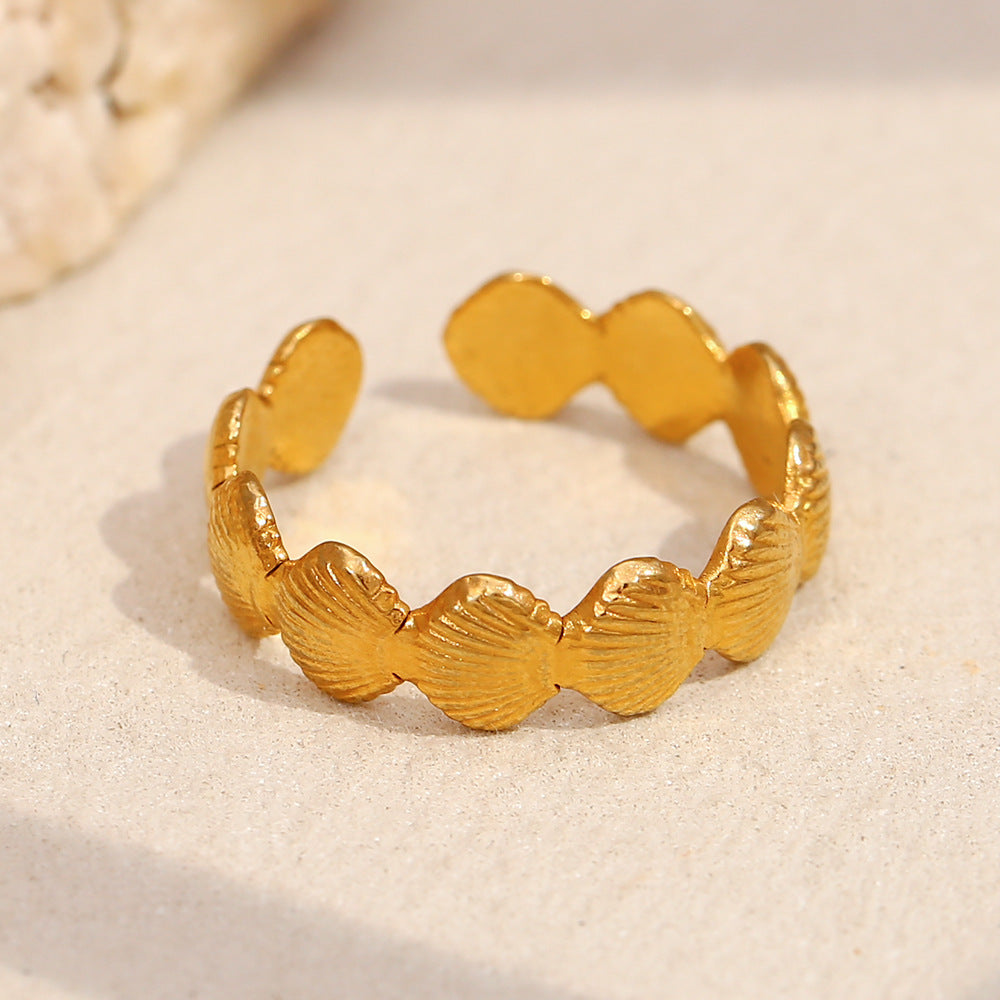 Minimalist Geometric Stainless Steel Ring with 18K Gold Plating and Shell Motif for Women