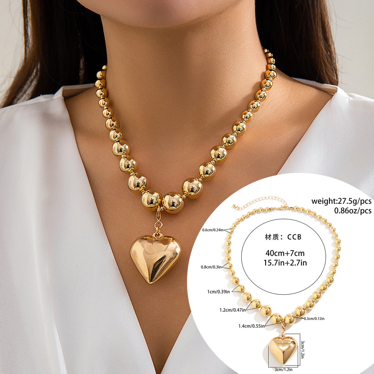 Cyberpunk Style Heart-Shaped Geometric Pendant Necklace with Imitation Pearl Beads Electroplated Multi-Layer Round Bead Chain for Women