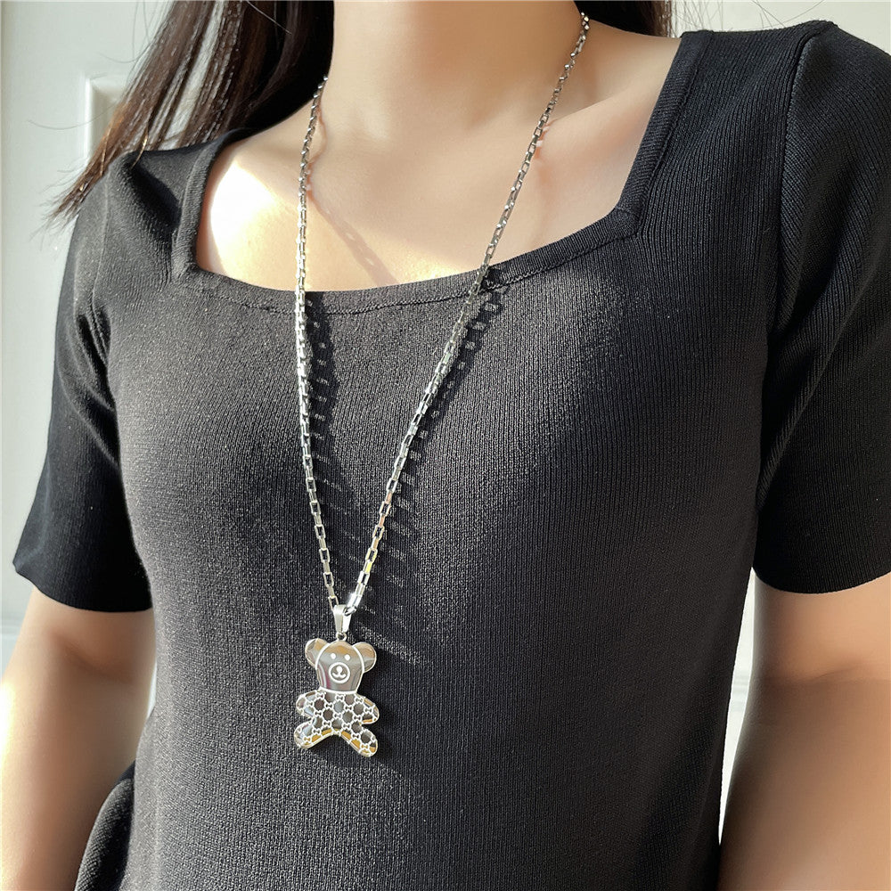 Fashion Casual Bear Animal Titanium Steel Plated Alloy Pendant Box Chain Necklace for Women