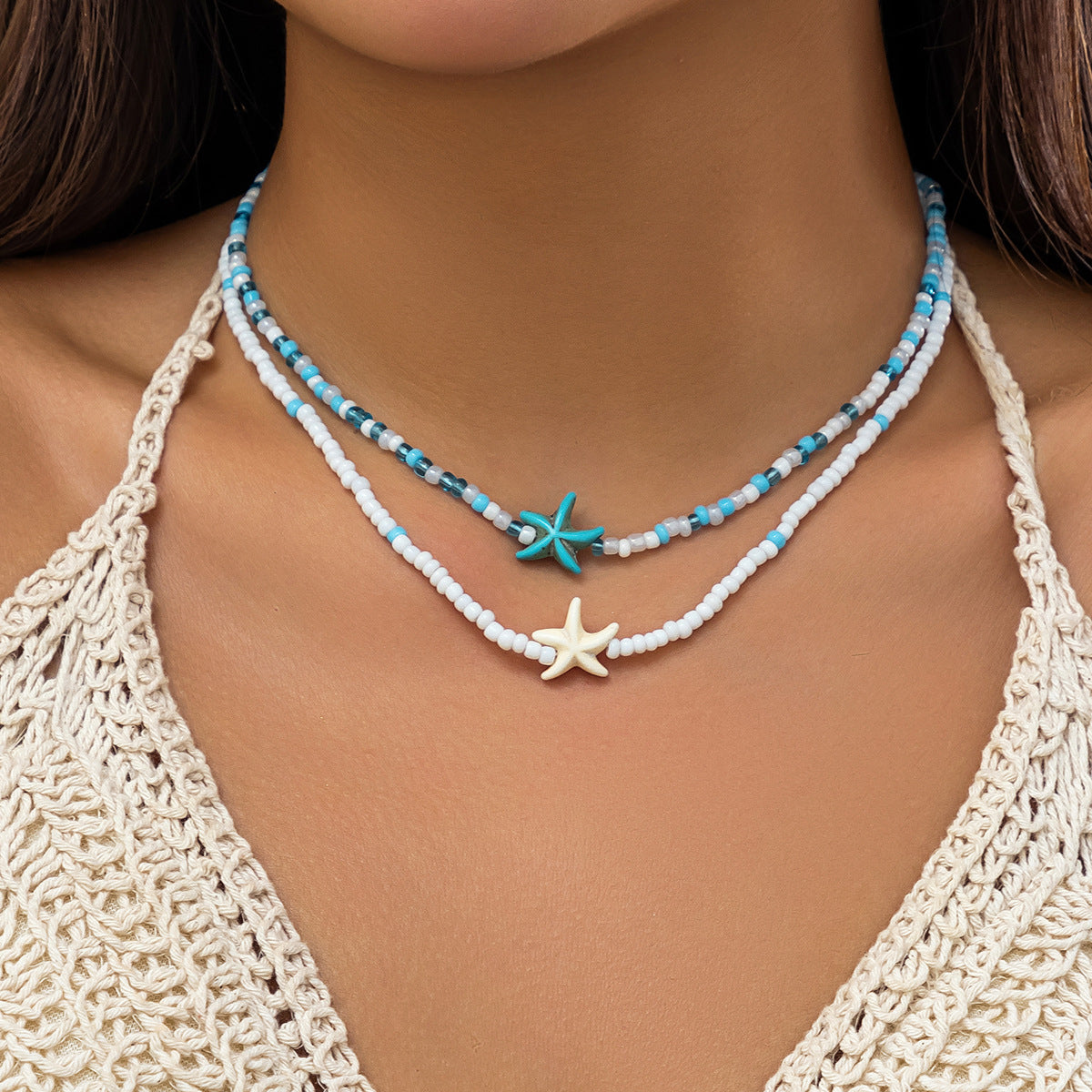 Casual Starfish & Shell Resin Alloy Pendant Ball Chain Necklace for Women