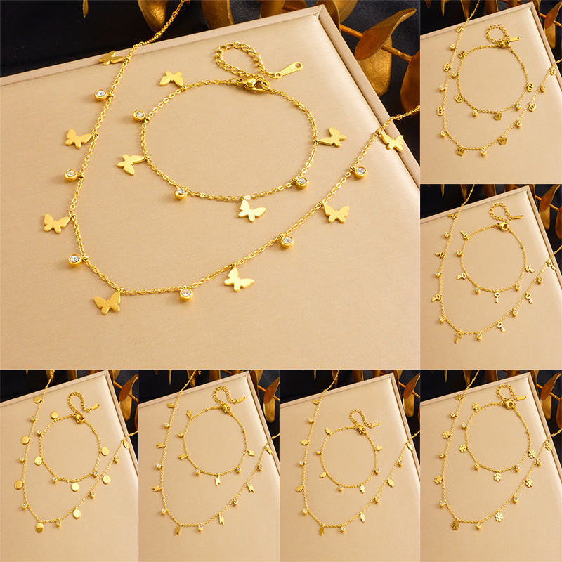 Minimalist Gold Plated Stainless Steel Butterfly Round Crown Eye Pendant Necklace and Bracelet Set for Women