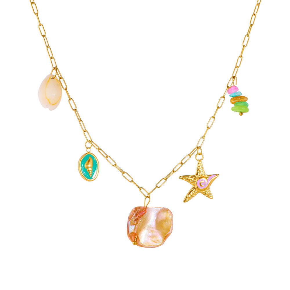Sweet Gold Plated Drip Oil Starfish Shell Stainless Steel Necklace with Colorful Gemstones for Women