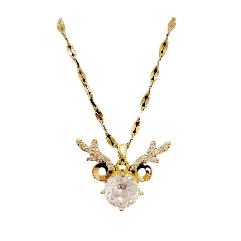 Collana da Donna di Lusso con Ciondolo a Corna di Cervo Tempestato di Strass, in Acciaio al Titanio con Finitura Placcata e Catena a Sfera