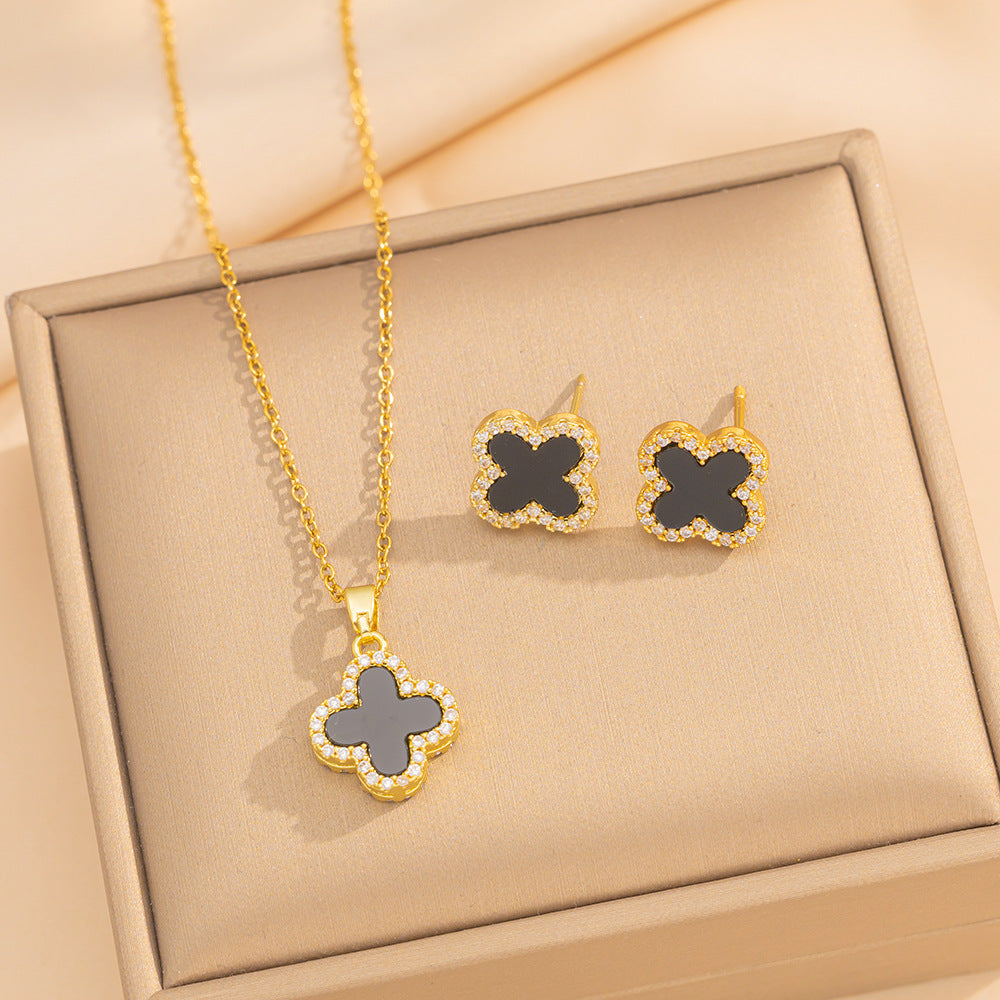Set di Collana e Orecchini con Ciondolo a Goccia a Cuore Minimalista di Lusso in Acciaio al Titanio con Intarsi di Strass e Placcatura in Oro su Catena a O