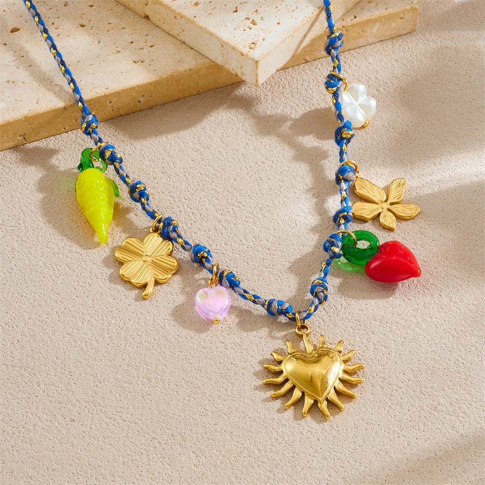 Sweet Drip Oil Heart and Floral Plated Stainless Steel Necklace