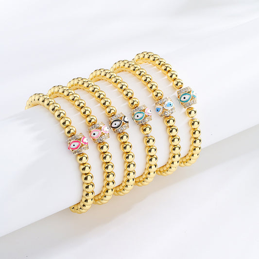 Pulsera de abalorio de ojo turco geométrico minimalista para mujer con base de cobre bañada en oro de 18 quilates y circonitas engastadas con esmalte