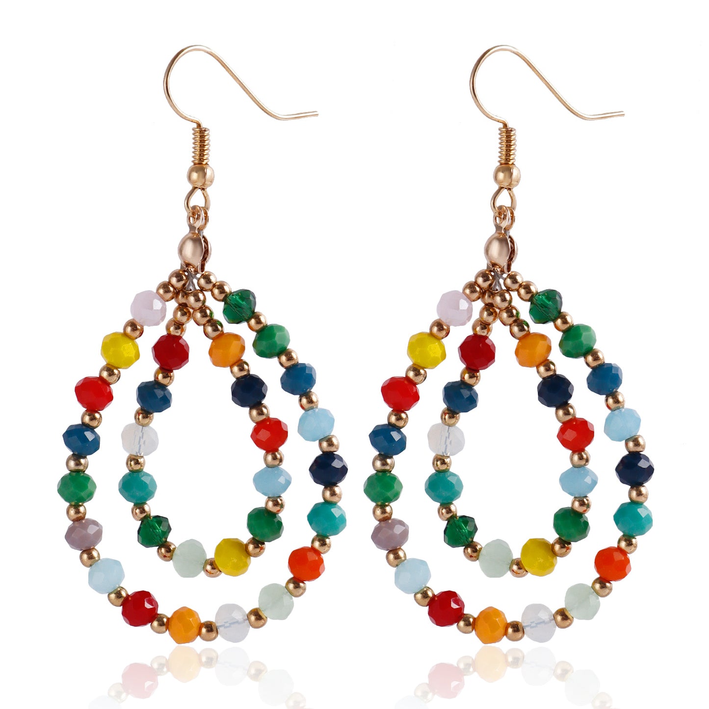 Orecchini a cerchio doppio in cristallo e vetro colorato stile geometrico, fatti a mano con perline, gioielli dolci ed eleganti da donna