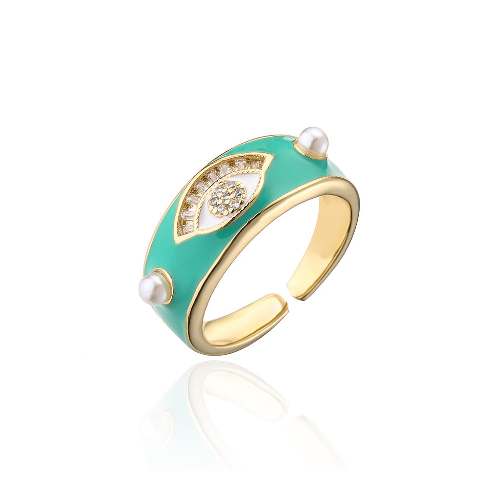 Minimalist Geometric Eye-Shaped Open Ring for Women Made of Brass with 18K Gold Plating and AAA Zircon Inlay
