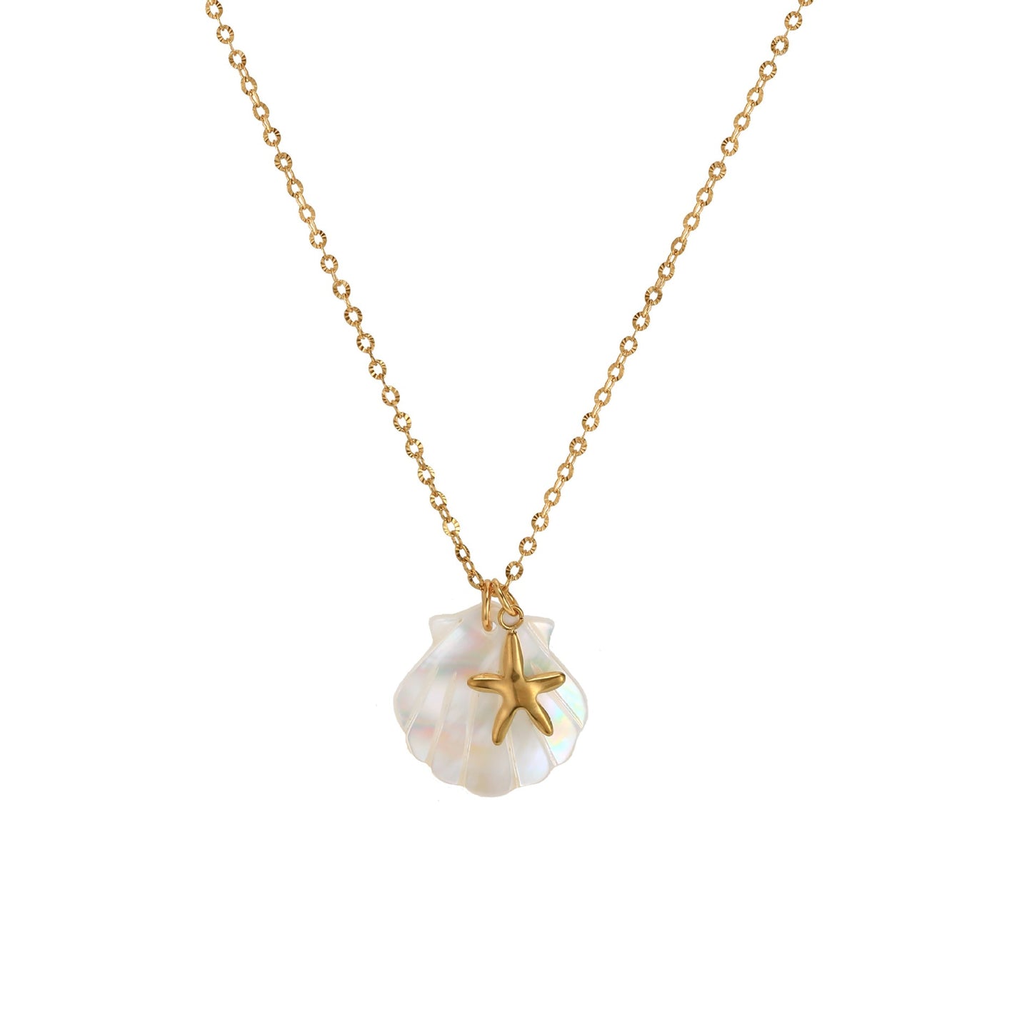 18K Gold Plated Stainless Steel Starfish Conch Shell Charm Bar Necklace Cable Chain Unisex Summer Beach Jewelry